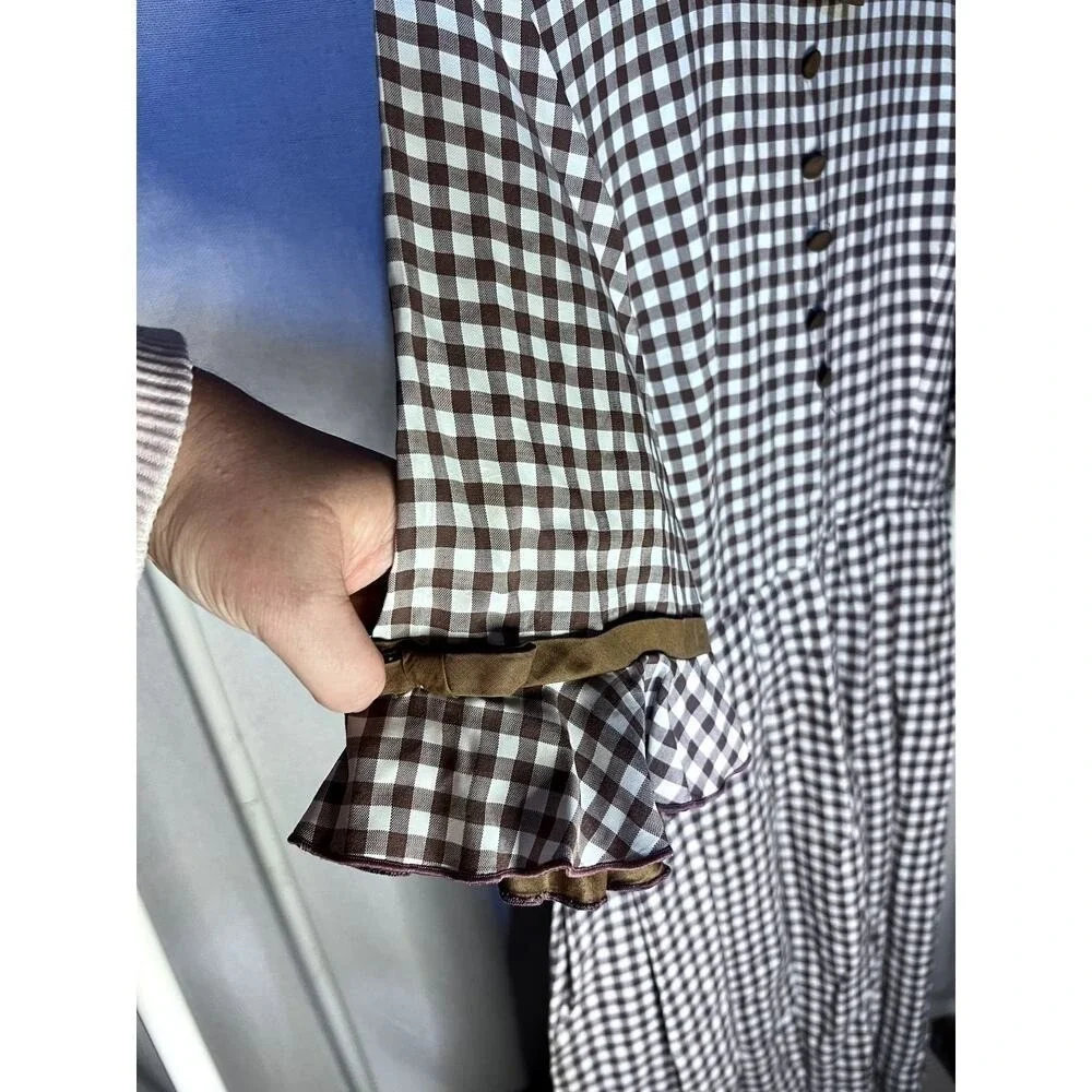 Vintage 60s 70s Brown Gingham Scoopneck Ruffle Button Midi‎ Dress